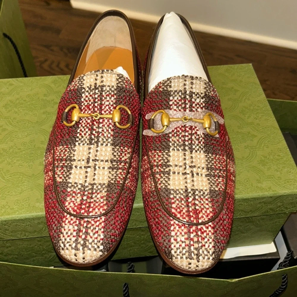 GUCCI 
Vintage Tweed Check Horsebit Mens Jordaan Loafers 8.5Red Beige White - Picture 2 of 7